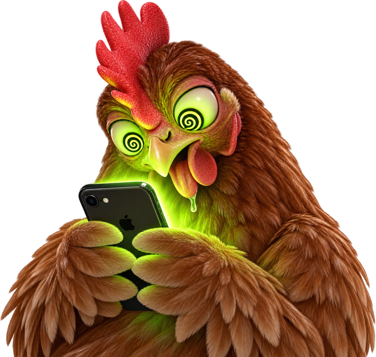 Gallina hipnotizada viendo el celular